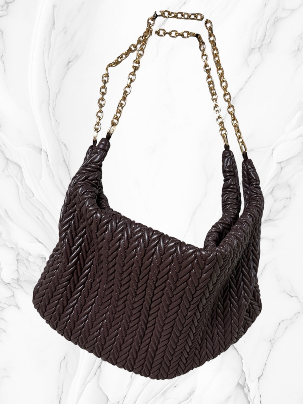 Woven Shoulder Bag in Dark Brown with Gold Chain Strap
